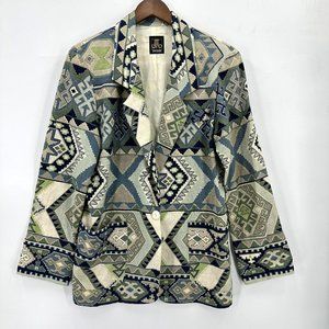 Vintage San Moire Blazer Womens Ikat Pettern Lined Pockets Green Cream L